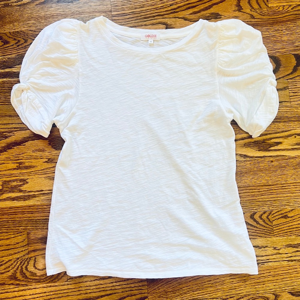 Goldie Lewinter Puff Sleeve Tee Womens XS White Excellent Pima Cotton Slub Knit